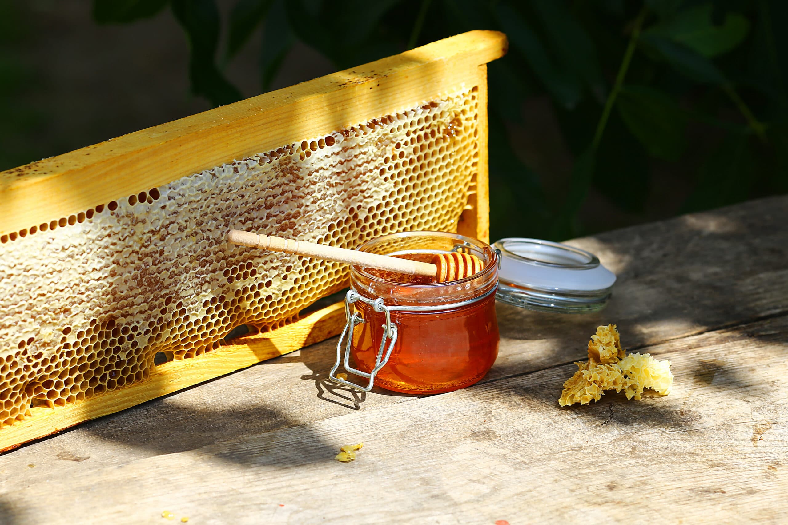A glass jar of Texas Wildflower honey